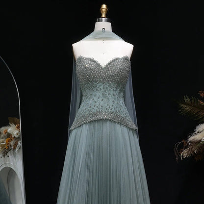 Luxury Sage Green Beaded A-Line Evening Dress with Scarf SS299