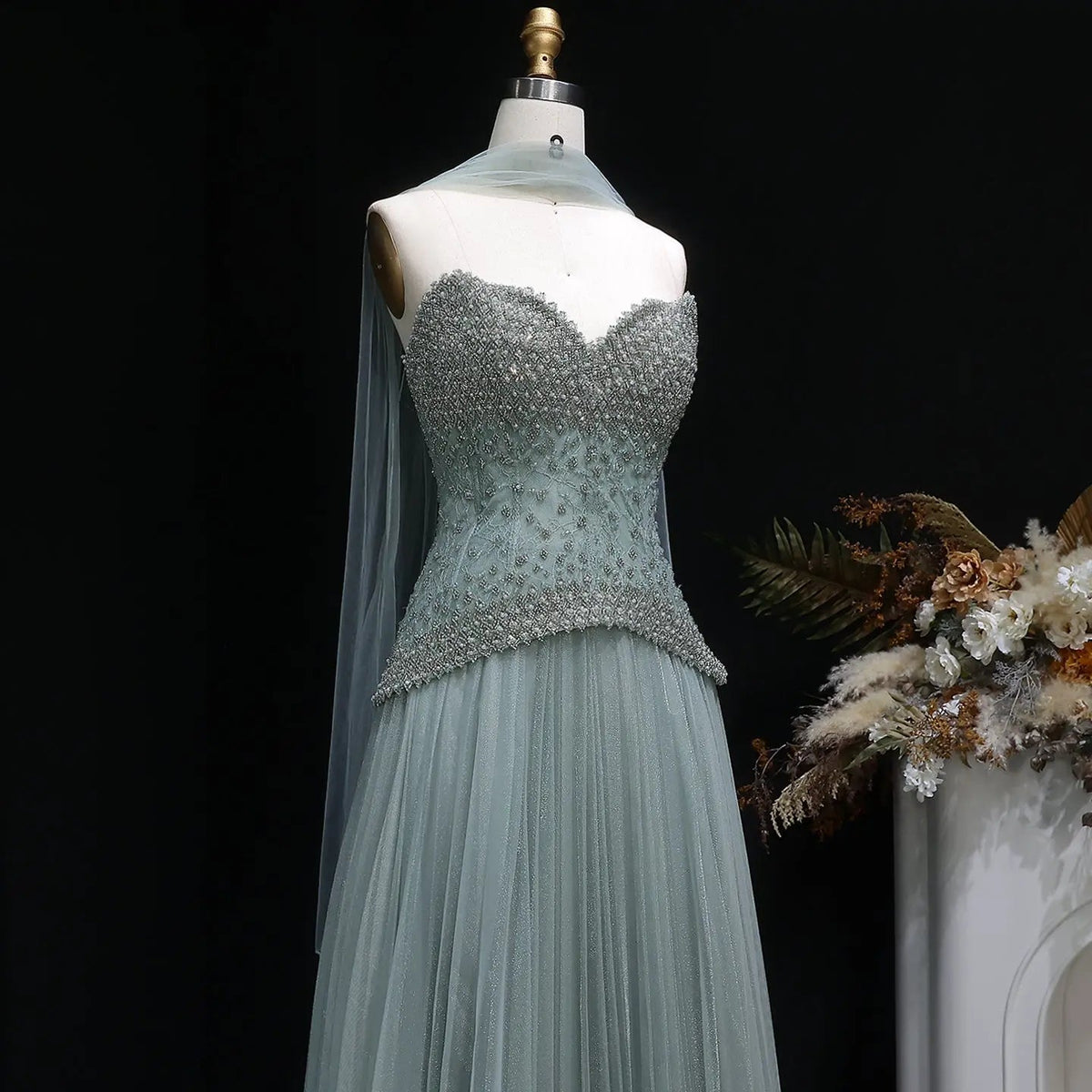 Luxury Sage Green Beaded A-Line Evening Dress with Scarf SS299