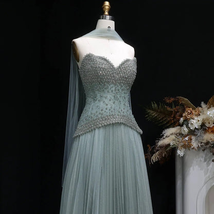 Luxury Sage Green Beaded A-Line Evening Dress with Scarf SS299