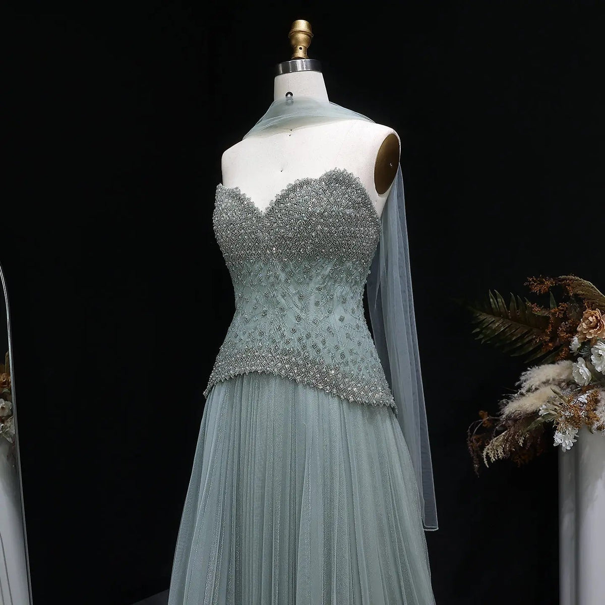 Luxury Sage Green Beaded A-Line Evening Dress with Scarf SS299