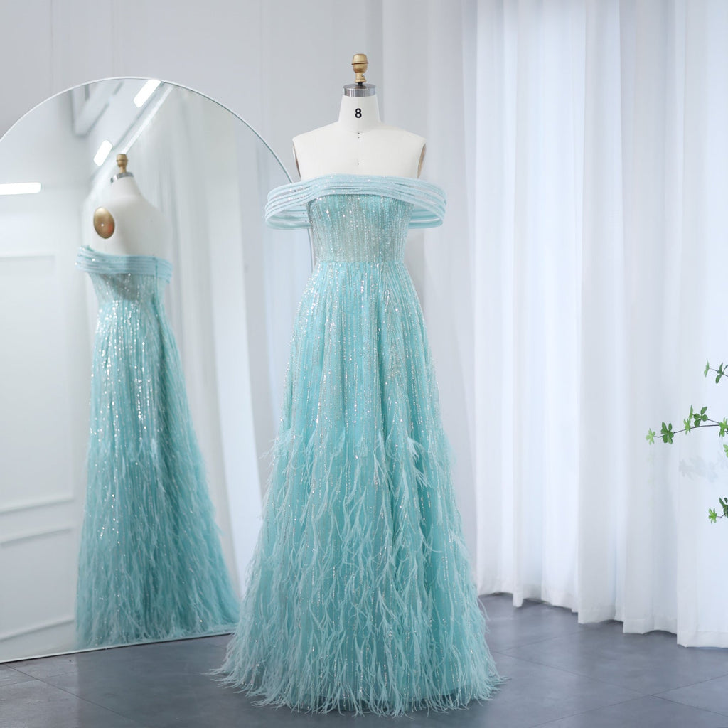 Luxury Feathers Aqua Green Off-Shoulder Evening Dresses SS435