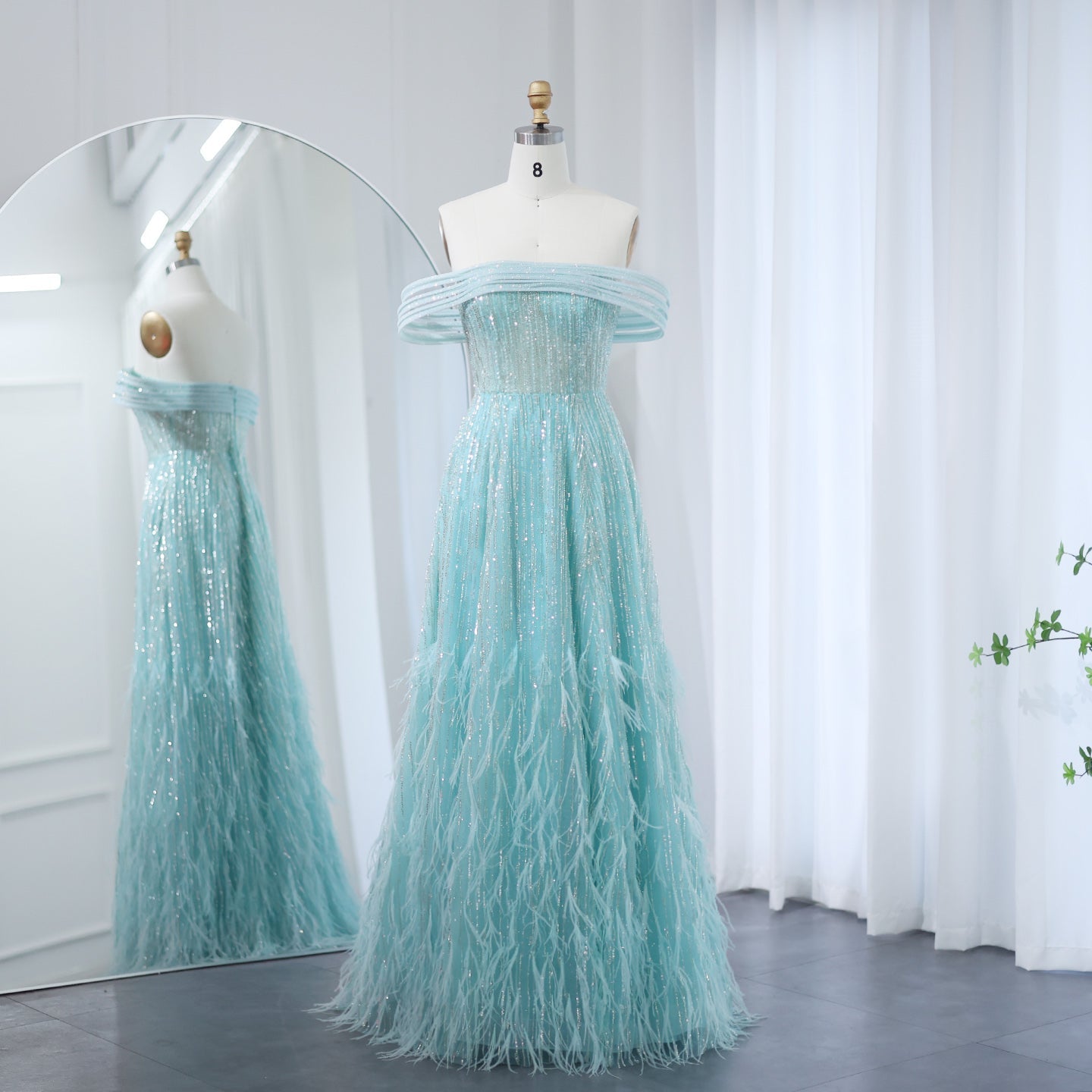 Luxury Feathers Aqua Green Off-Shoulder Evening Dresses SS435