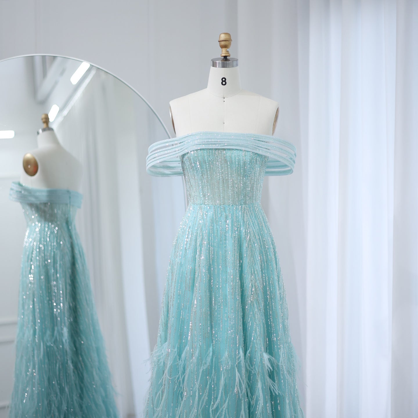 Luxury Feathers Aqua Green Off-Shoulder Evening Dresses SS435