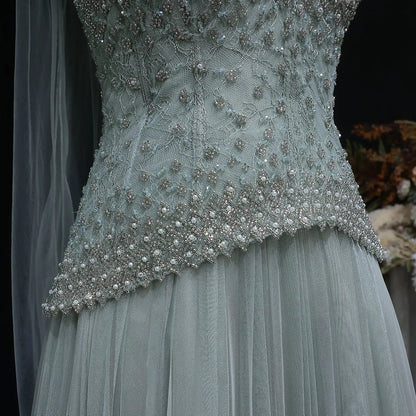 Luxury Sage Green Beaded A-Line Evening Dress with Scarf SS299