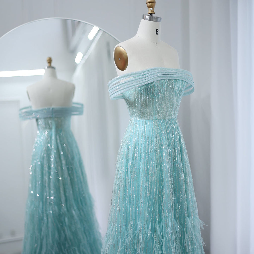 Luxury Feathers Aqua Green Off-Shoulder Evening Dresses SS435
