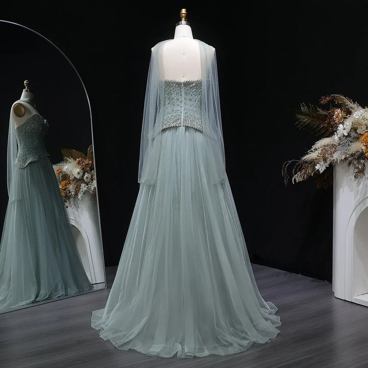 Luxury Sage Green Beaded A-Line Evening Dress with Scarf SS299