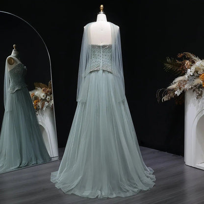 Luxury Sage Green Beaded A-Line Evening Dress with Scarf SS299