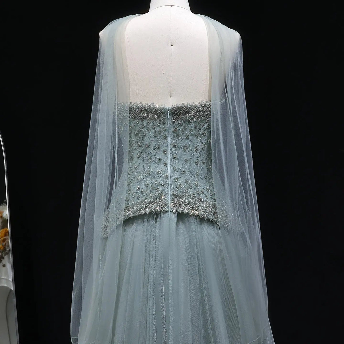 Luxury Sage Green Beaded A-Line Evening Dress with Scarf SS299