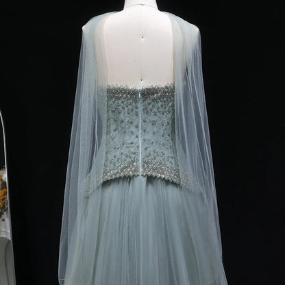 Luxury Sage Green Beaded A-Line Evening Dress with Scarf SS299