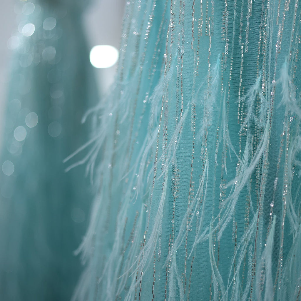 Luxury Feathers Aqua Green Off-Shoulder Evening Dresses SS435