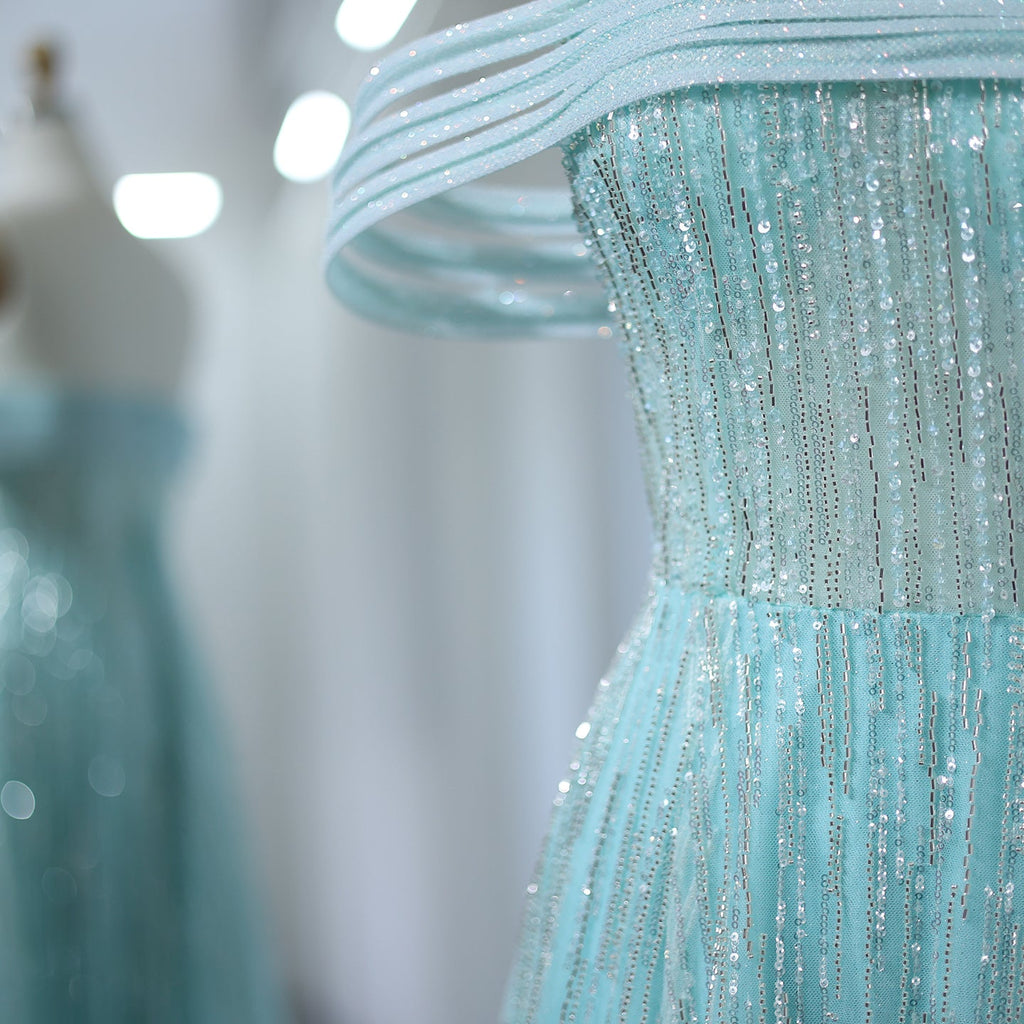 Luxury Feathers Aqua Green Off-Shoulder Evening Dresses SS435