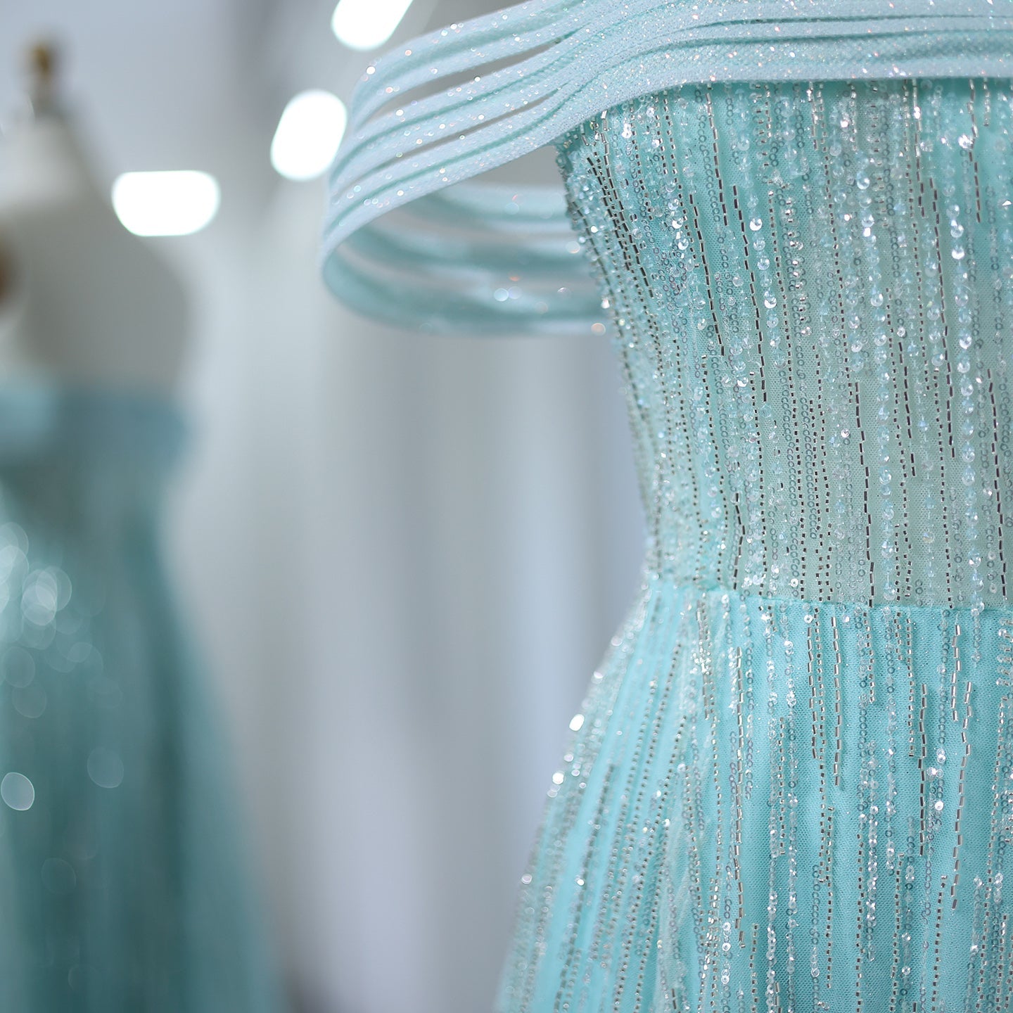 Luxury Feathers Aqua Green Off-Shoulder Evening Dresses SS435