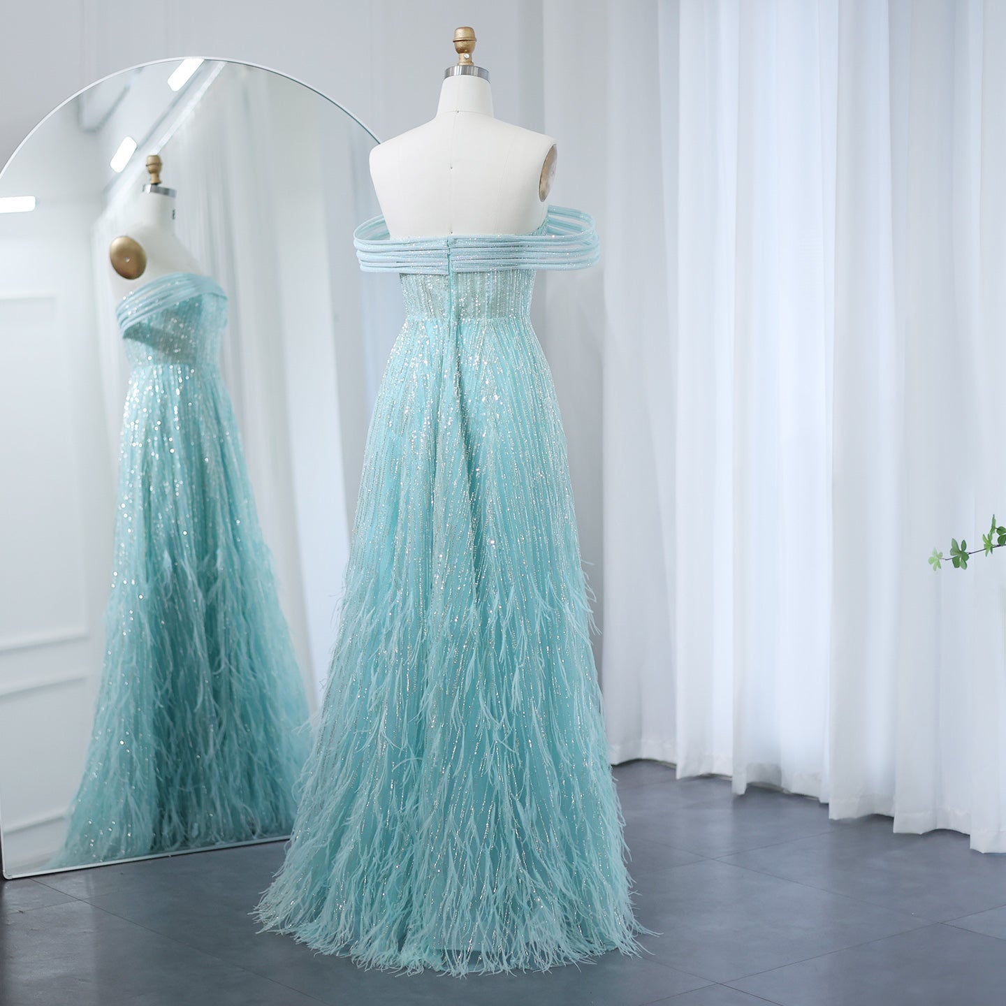 Luxury Feathers Aqua Green Off-Shoulder Evening Dresses SS435