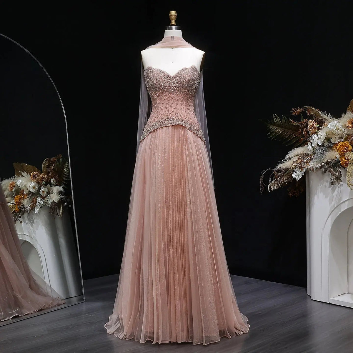 Luxury Sage Green Beaded A-Line Evening Dress with Scarf SS299