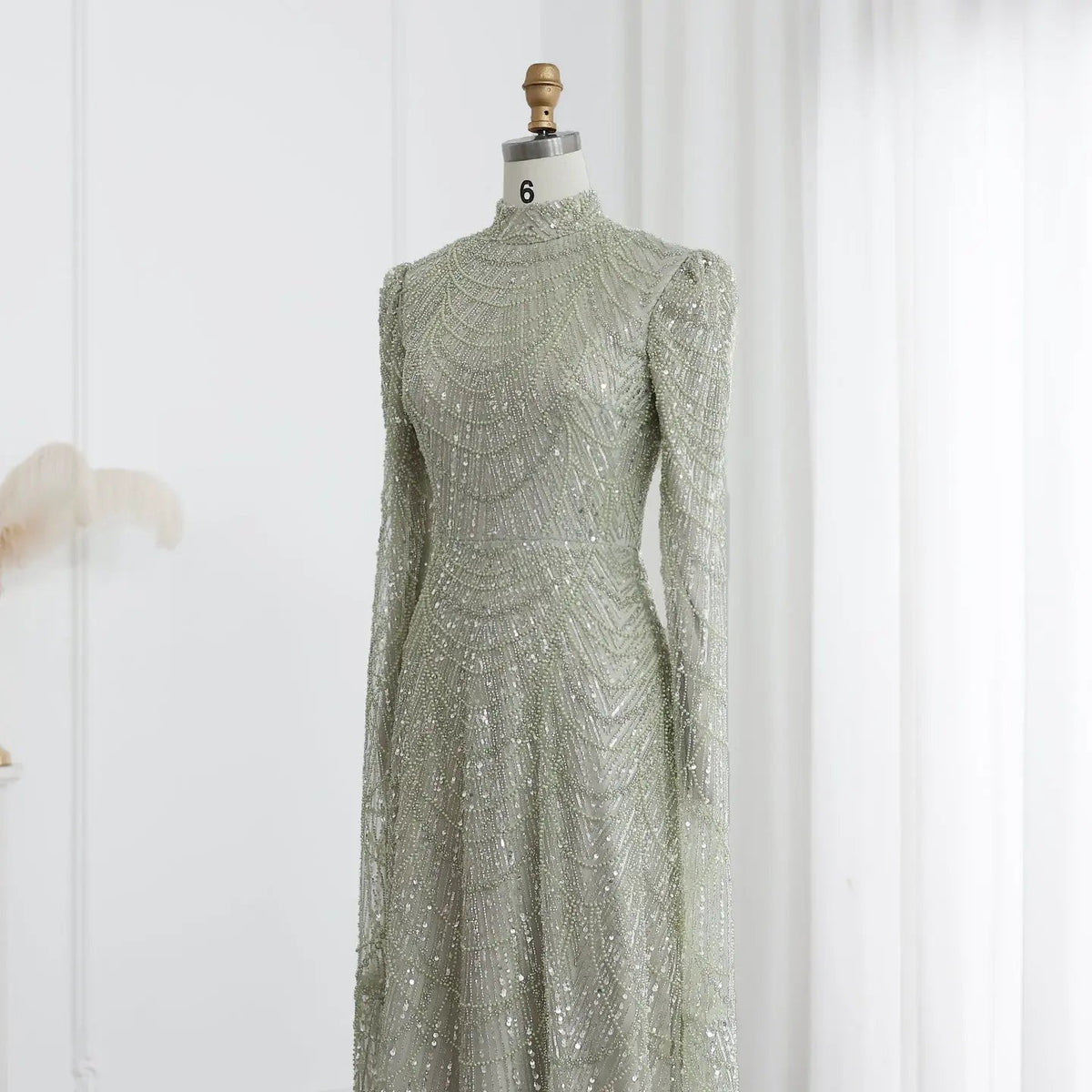 Luxury Sage Green Evening Dress with Cape Sleeves SS630