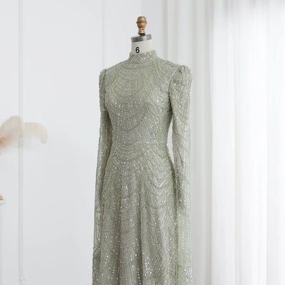 Luxury Sage Green Evening Dress with Cape Sleeves SS630