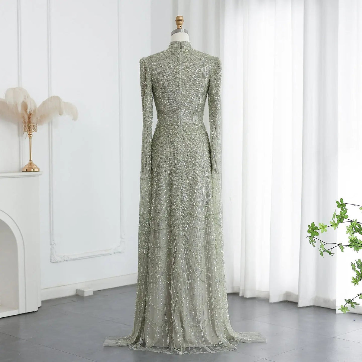 Luxury Sage Green Evening Dress with Cape Sleeves SS630