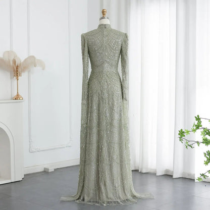 Luxury Sage Green Evening Dress with Cape Sleeves SS630
