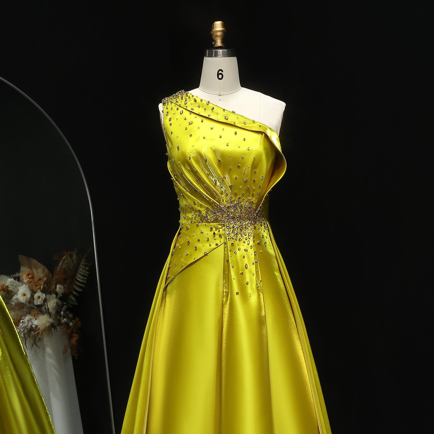 Vibrant Crystal Sequin Satin Yellow Evening Dress with Overskirt XD049