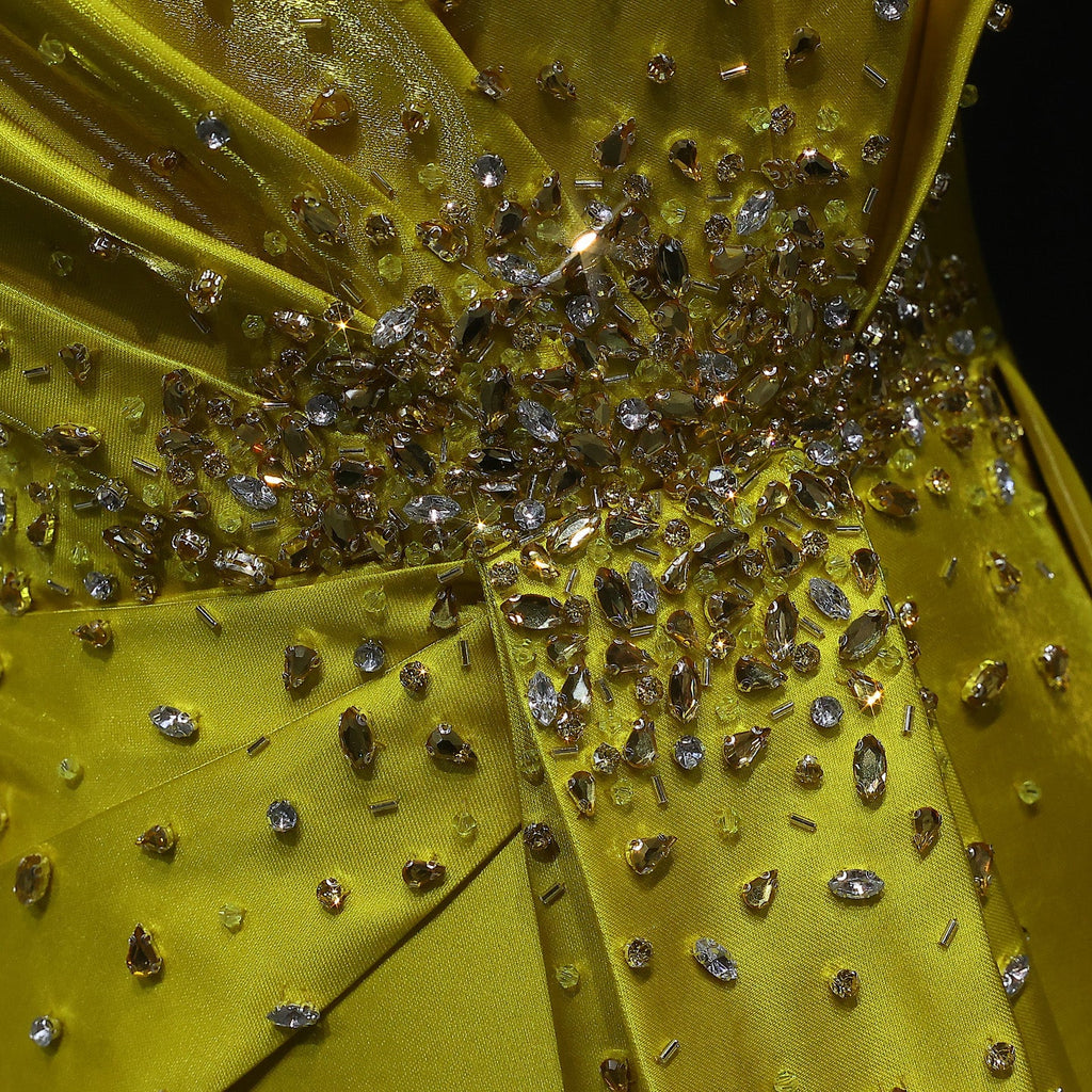 Vibrant Crystal Sequin Satin Yellow Evening Dress with Overskirt XD049
