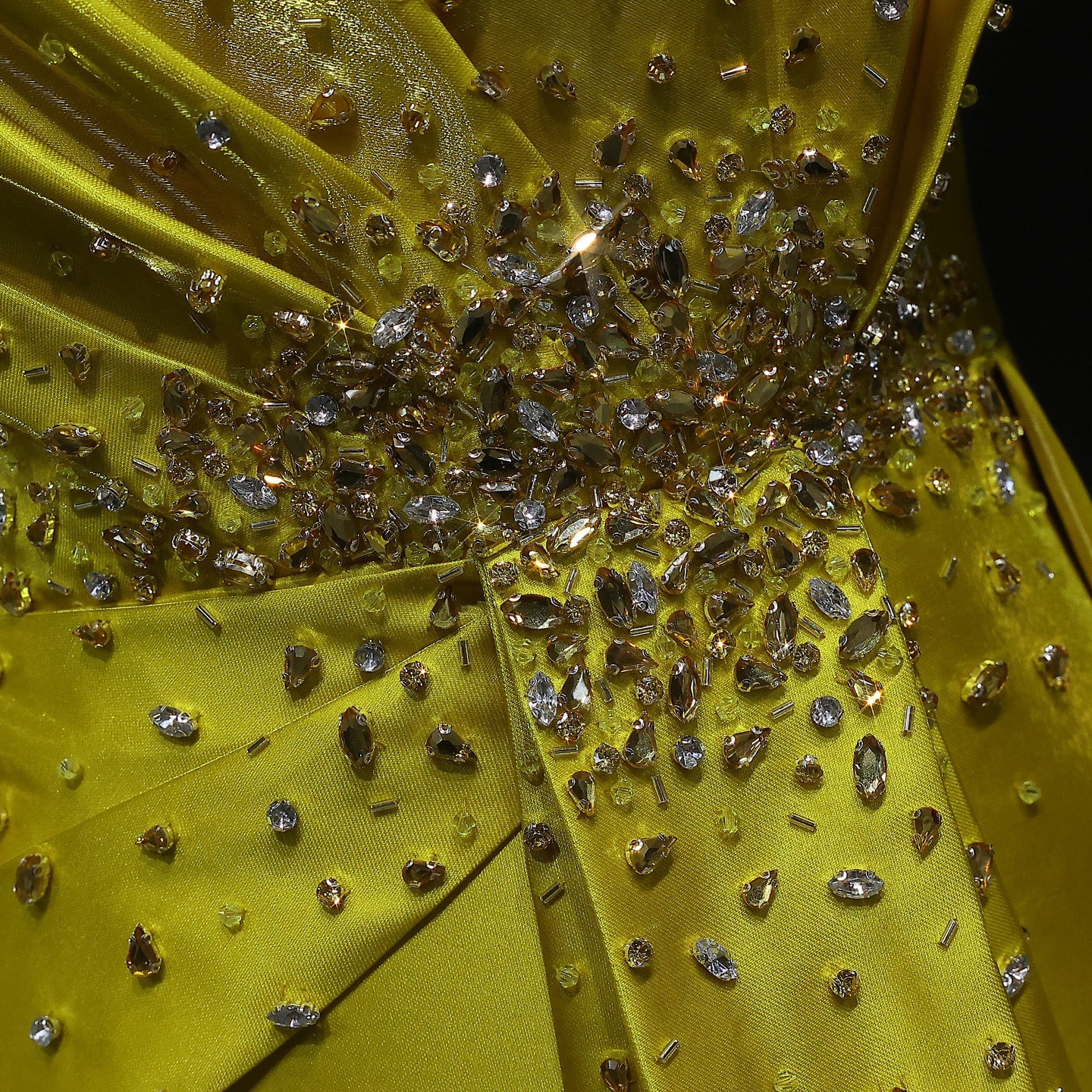 Vibrant Crystal Sequin Satin Yellow Evening Dress with Overskirt XD049