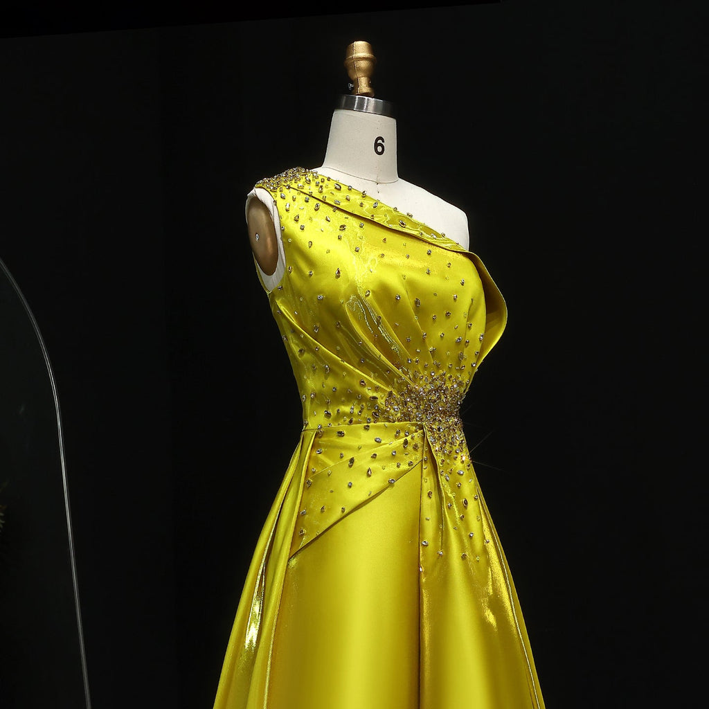 Vibrant Crystal Sequin Satin Yellow Evening Dress with Overskirt XD049