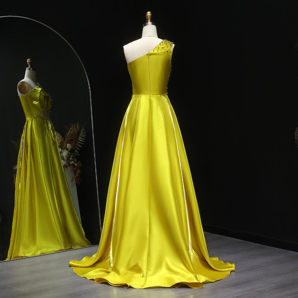 Vibrant Crystal Sequin Satin Yellow Evening Dress with Overskirt XD049