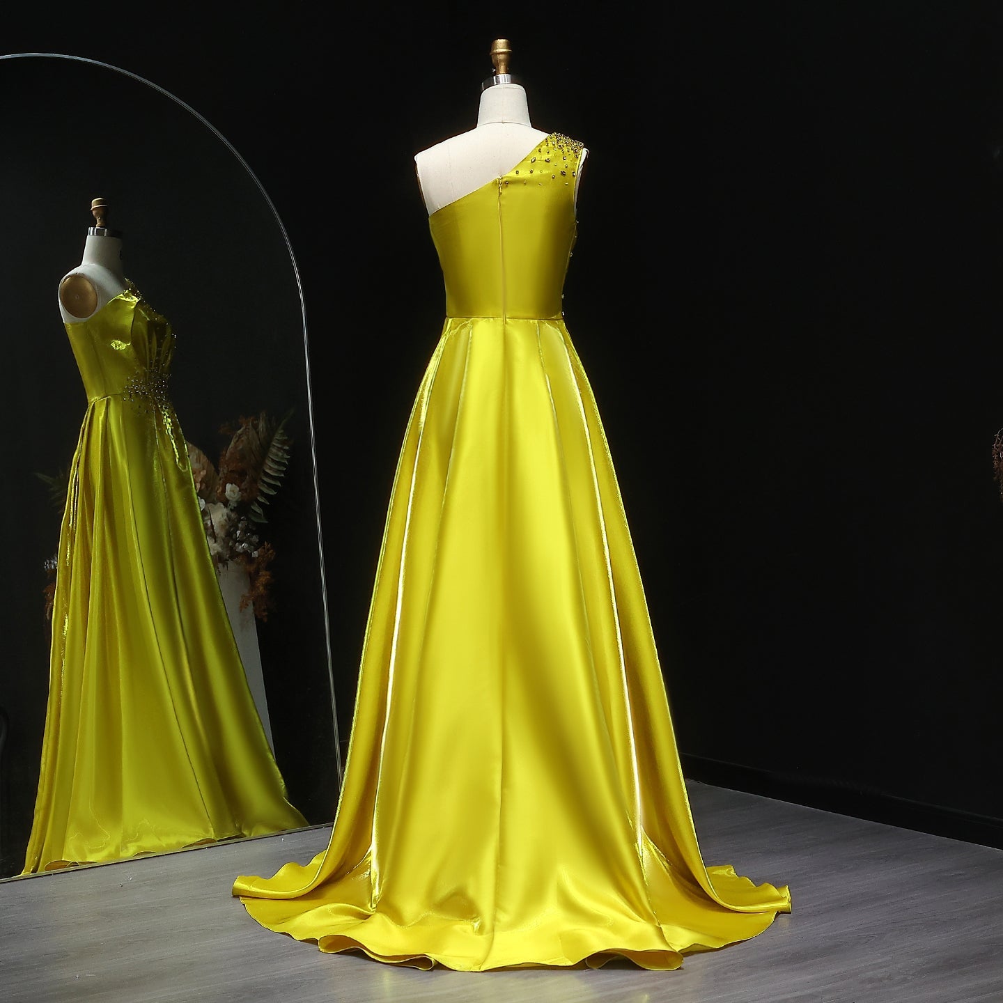 Vibrant Crystal Sequin Satin Yellow Evening Dress with Overskirt XD049