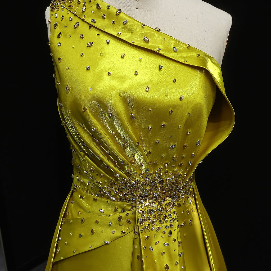 Vibrant Crystal Sequin Satin Yellow Evening Dress with Overskirt XD049