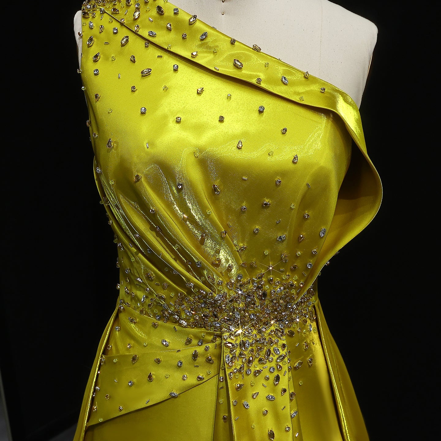 Vibrant Crystal Sequin Satin Yellow Evening Dress with Overskirt XD049