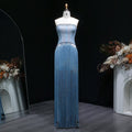 Sparkling Blue Strapless Crystal Fringe Formal Evening Dress SS520