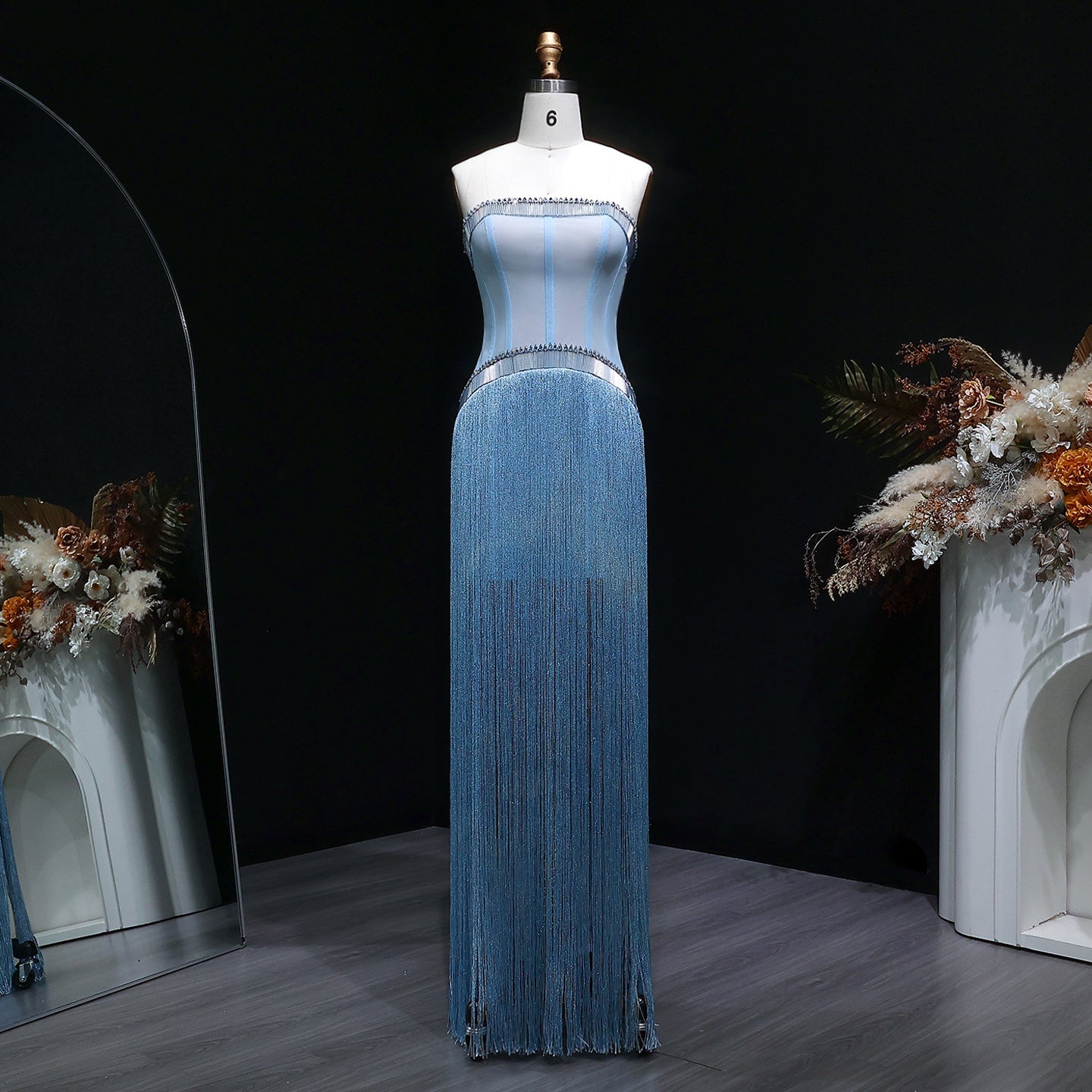 Sparkling Blue Strapless Crystal Fringe Formal Evening Dress SS520