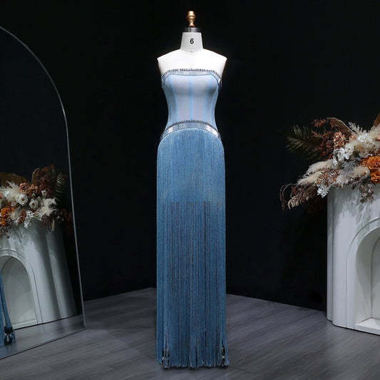 Sparkling Blue Strapless Crystal Fringe Formal Evening Dress SS520