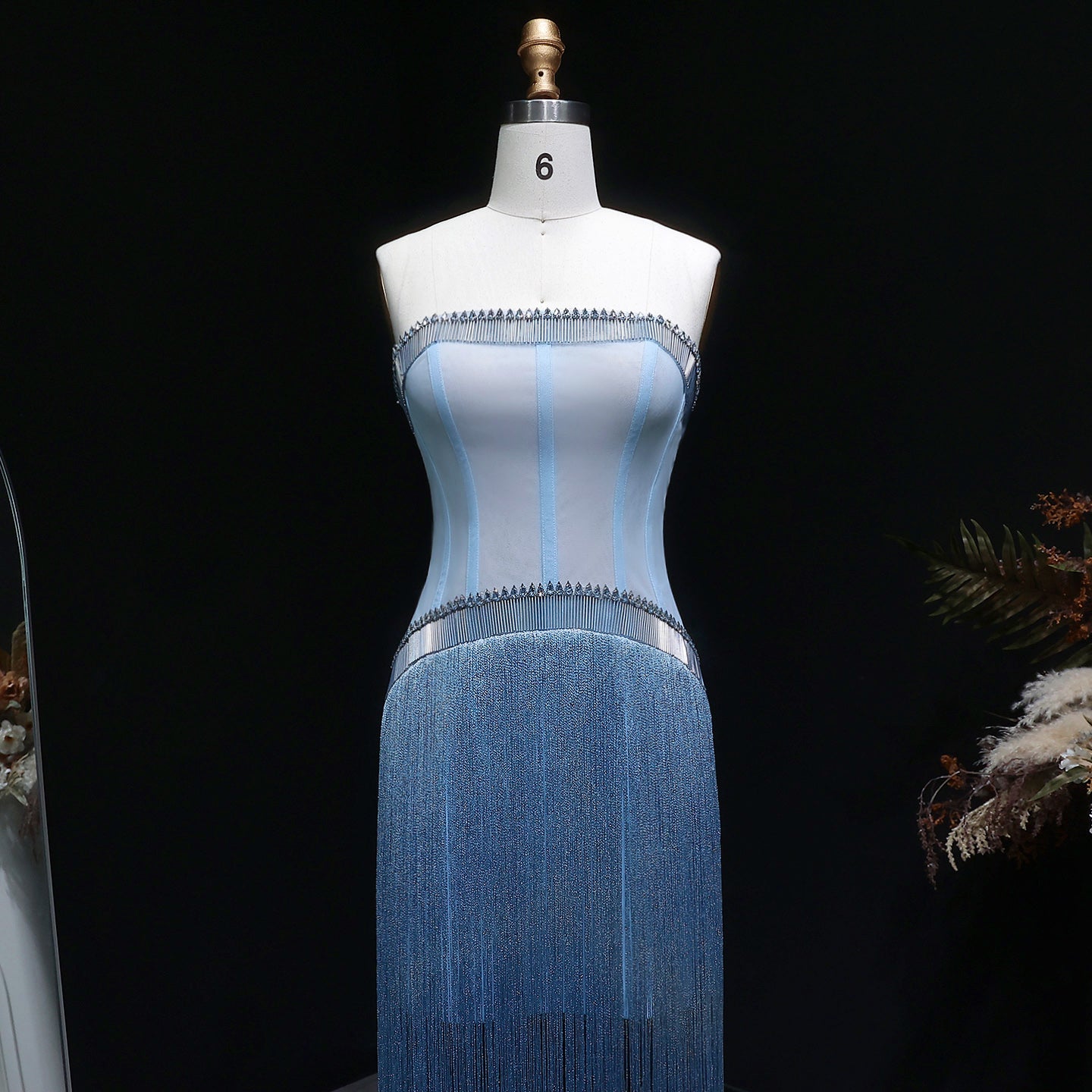 Sparkling Blue Strapless Crystal Fringe Formal Evening Dress SS520