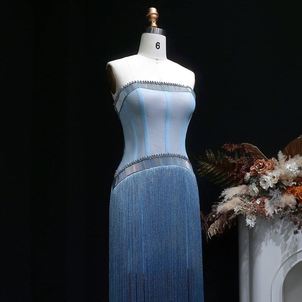 Sparkling Blue Strapless Crystal Fringe Formal Evening Dress SS520