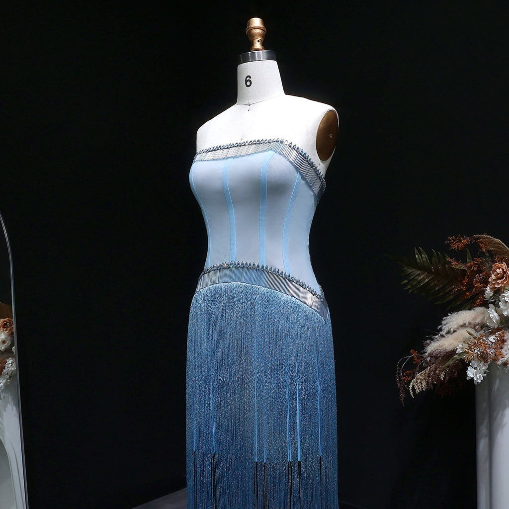 Sparkling Blue Strapless Crystal Fringe Formal Evening Dress SS520