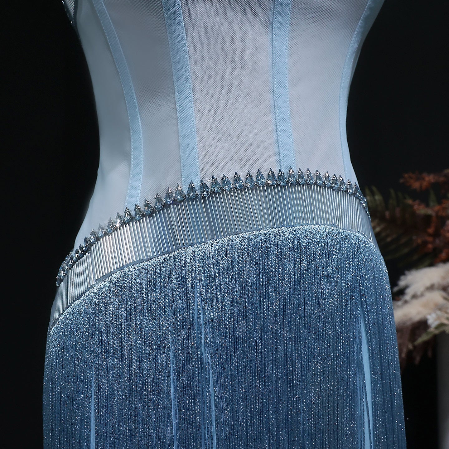 Sparkling Blue Strapless Crystal Fringe Formal Evening Dress SS520