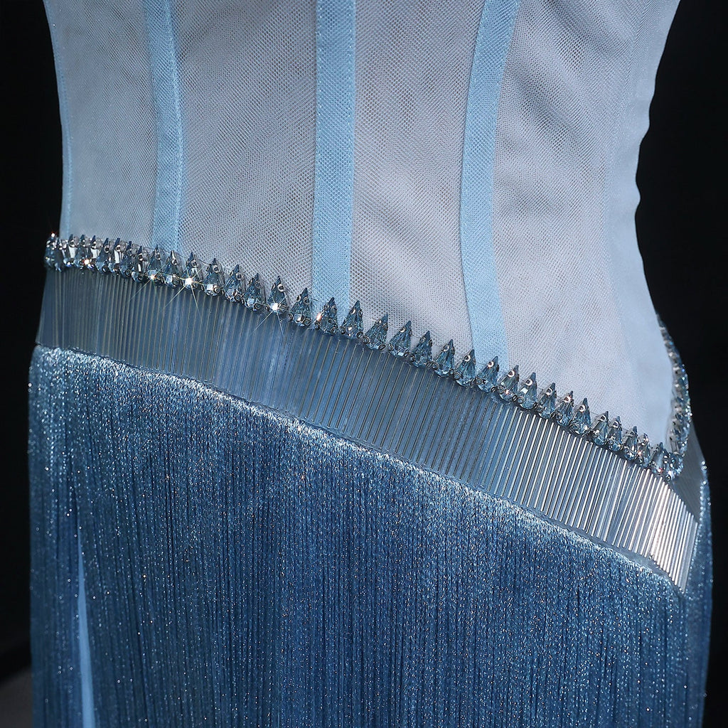 Sparkling Blue Strapless Crystal Fringe Formal Evening Dress SS520