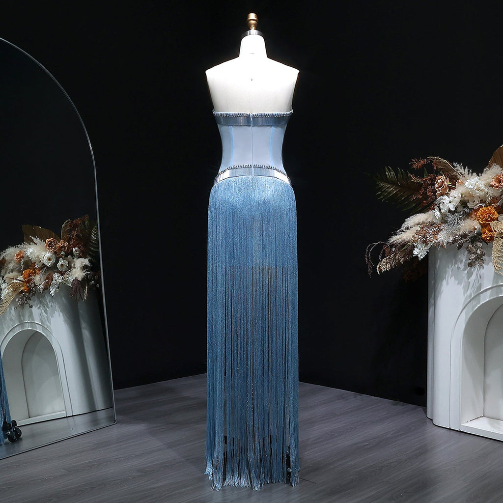 Sparkling Blue Strapless Crystal Fringe Formal Evening Dress SS520