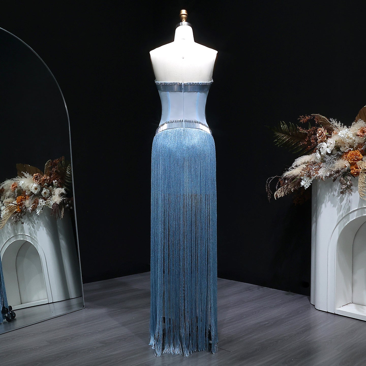 Sparkling Blue Strapless Crystal Fringe Formal Evening Dress SS520