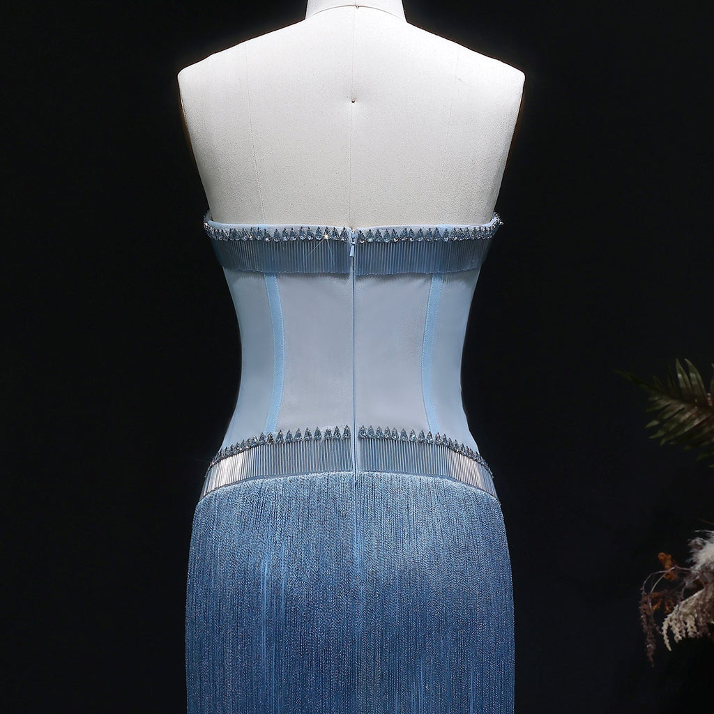 Sparkling Blue Strapless Crystal Fringe Formal Evening Dress SS520