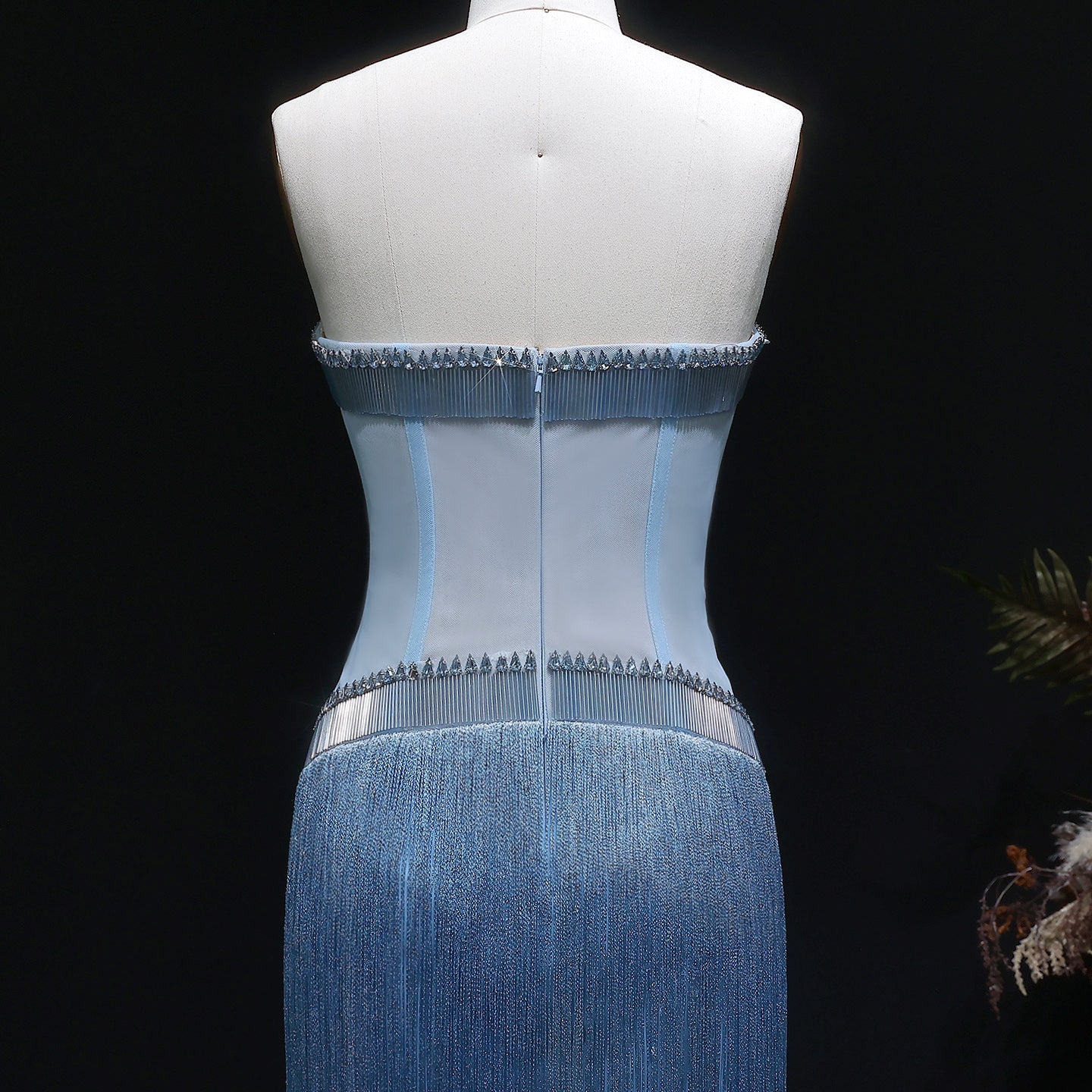 Sparkling Blue Strapless Crystal Fringe Formal Evening Dress SS520