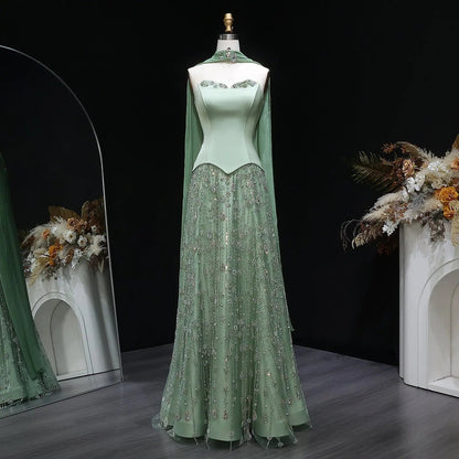 Luxury Vibrant Strapless Green Beaded Evening Dress with Scarf SS627