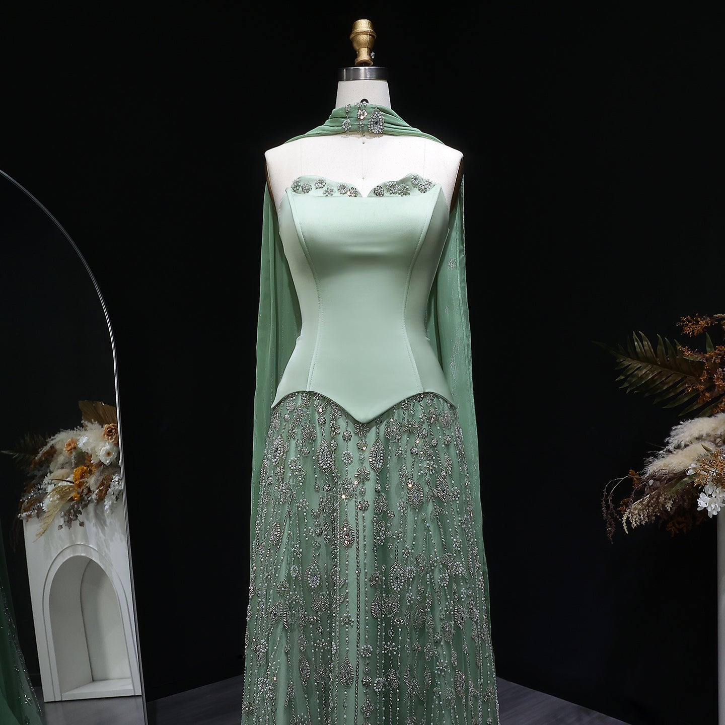 Elegant Vibrant Green Strapless Beaded Evening Dress with Scarf SS627