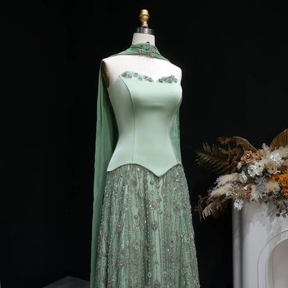 Luxury Vibrant Strapless Green Beaded Evening Dress with Scarf SS627