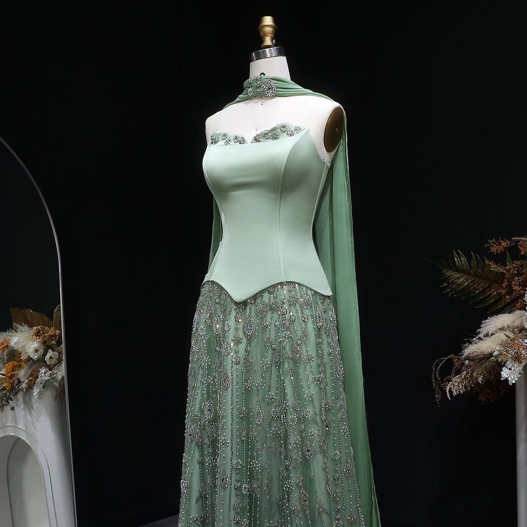 Elegant Vibrant Green Strapless Beaded Evening Dress with Scarf SS627