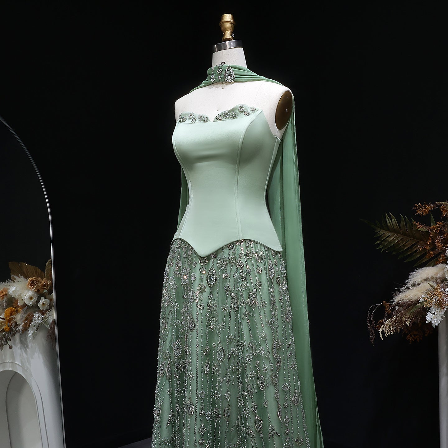 Elegant Vibrant Green Strapless Beaded Evening Dress with Scarf SS627