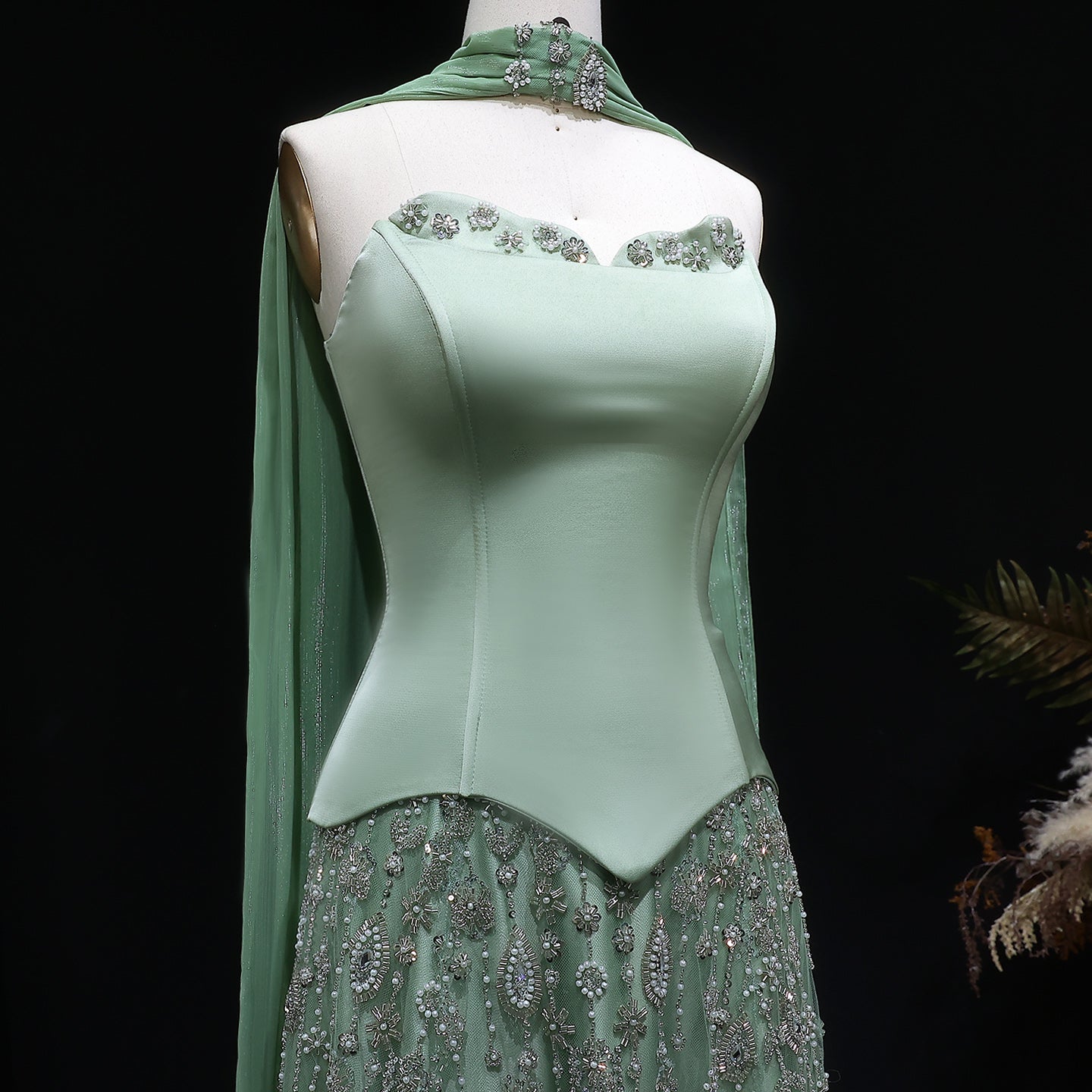 Elegant Vibrant Green Strapless Beaded Evening Dress with Scarf SS627