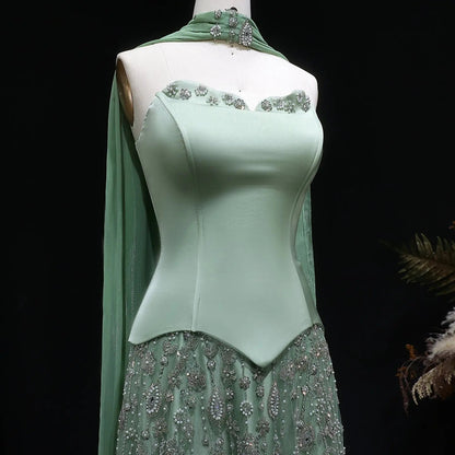 Luxury Vibrant Strapless Green Beaded Evening Dress with Scarf SS627