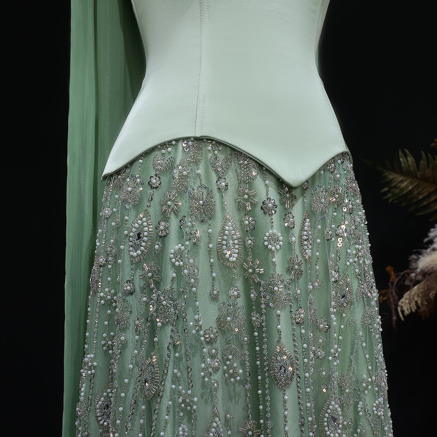 Elegant Vibrant Green Strapless Beaded Evening Dress with Scarf SS627